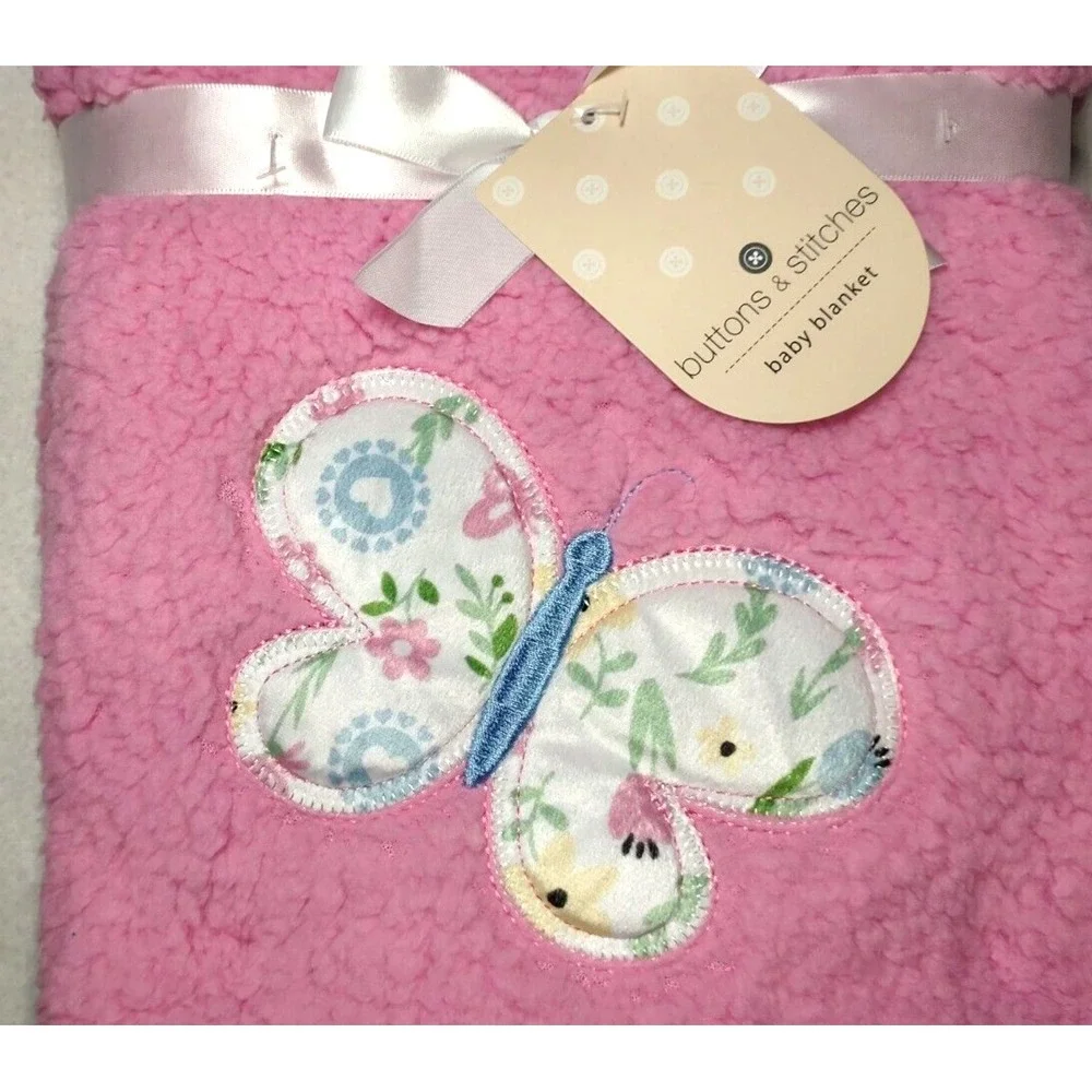Buttons & Stitches Pink‎ Butterfly Baby Blanket Plush Sherpa Floral Lovey Girl